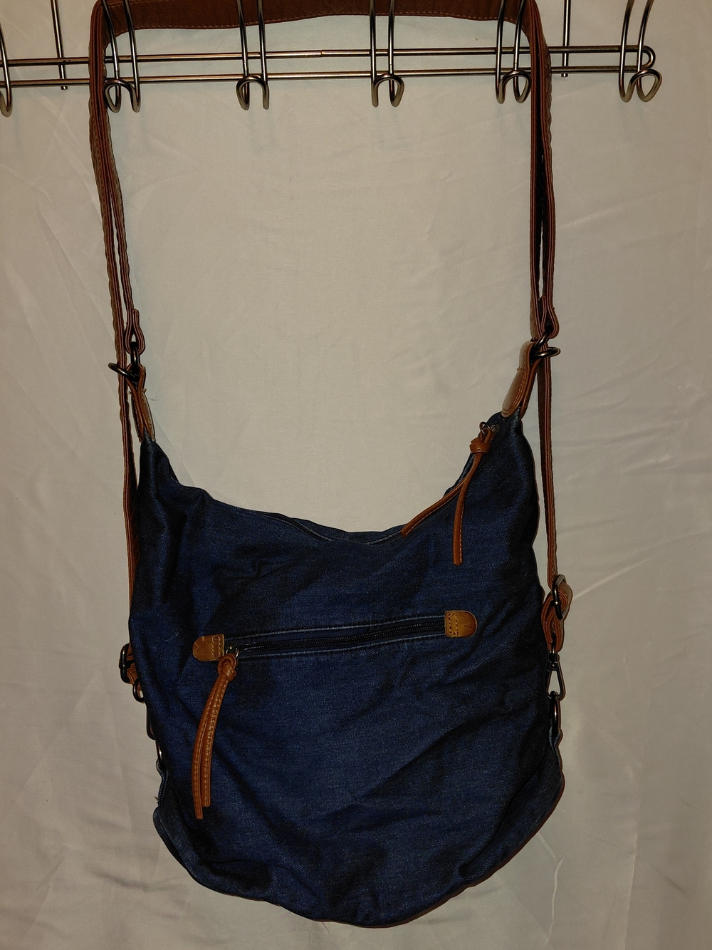 Wrangler Blue Denim Hobo Bag with Brown Tooled Leather Accents - Picture 2 of 11